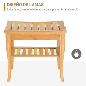 Taburete de Baño de Bambú con Estante de Almacenamiento Banco de Baño Antideslizante Impermeable y Robusta Taburete de Ducha para Hogar Salón Dormitorio SPA 47,5x26x44,5 cm Natural