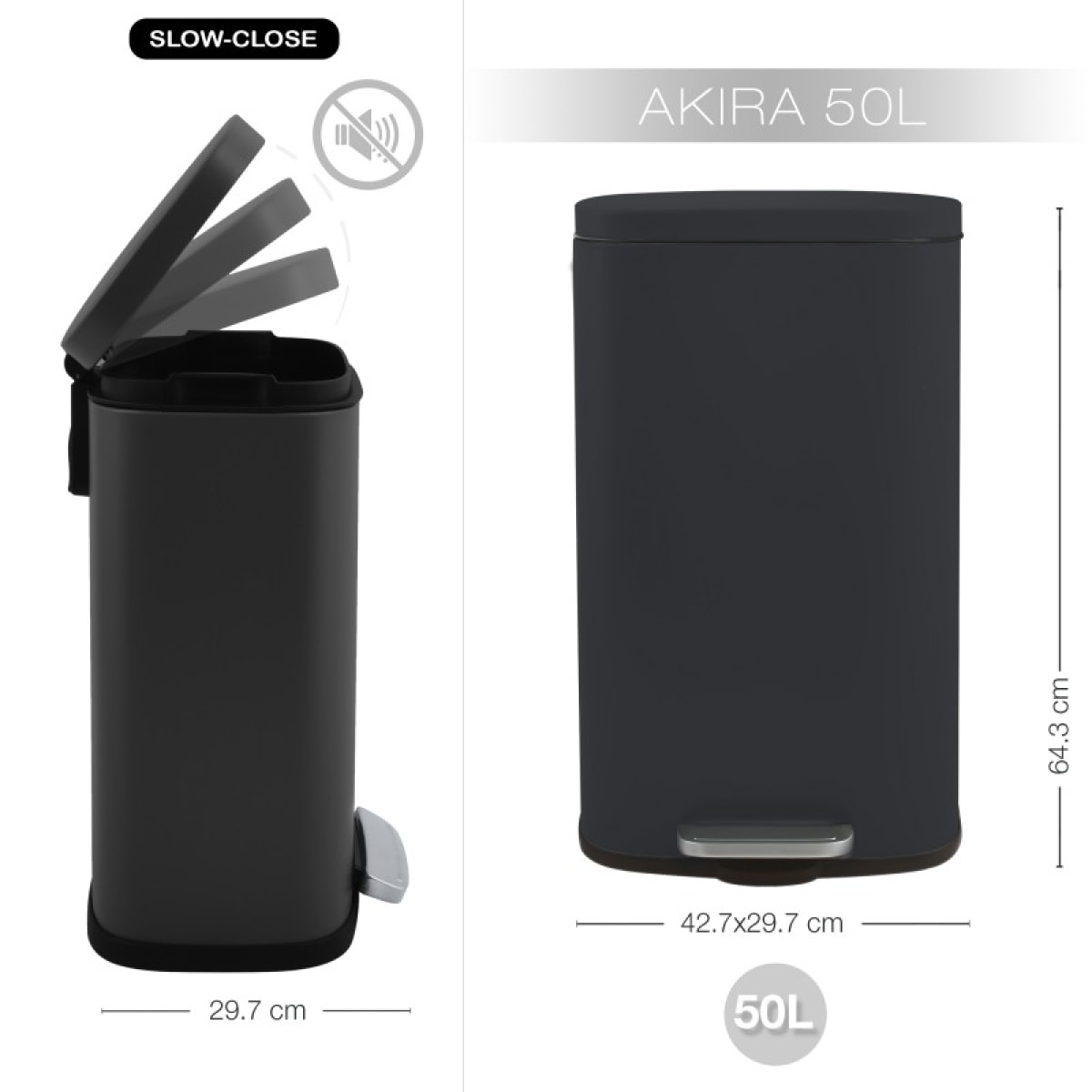 Poubelle à pédale de cuisine Acier AKIRA 50L Noir mat Spirella