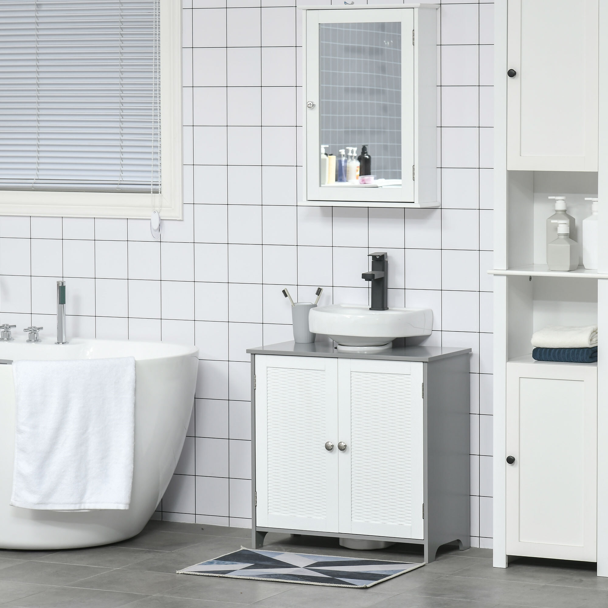 Meuble salle de bain - meuble sous-vasque - placard 2 portes aspect résine tressée avec étagère - MDF blanc gris