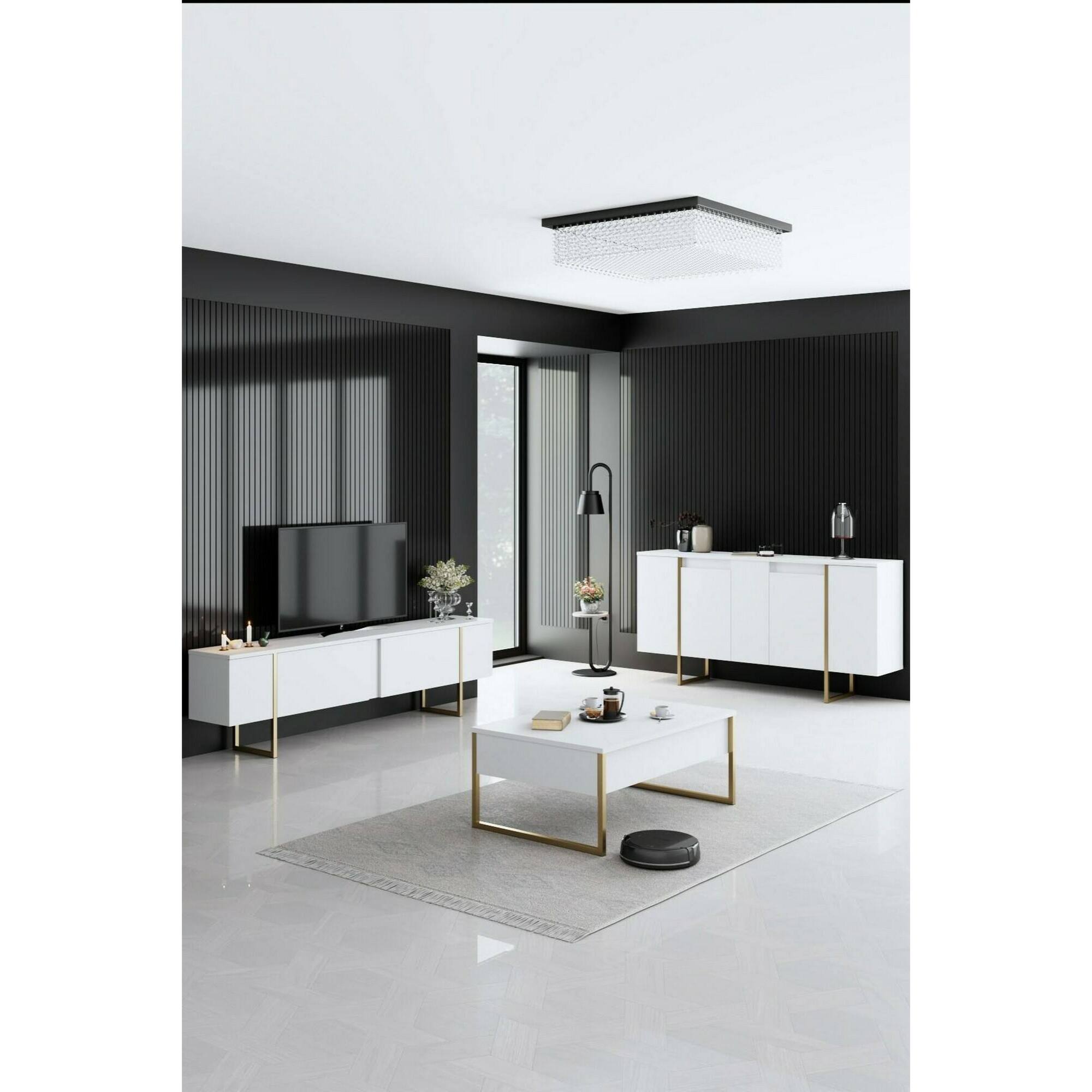 Credenza Dgarzitt, Buffet da soggiorno, Madia da salotto, Dispensa da cucina, 160x35h80 cm, Bianco e Oro