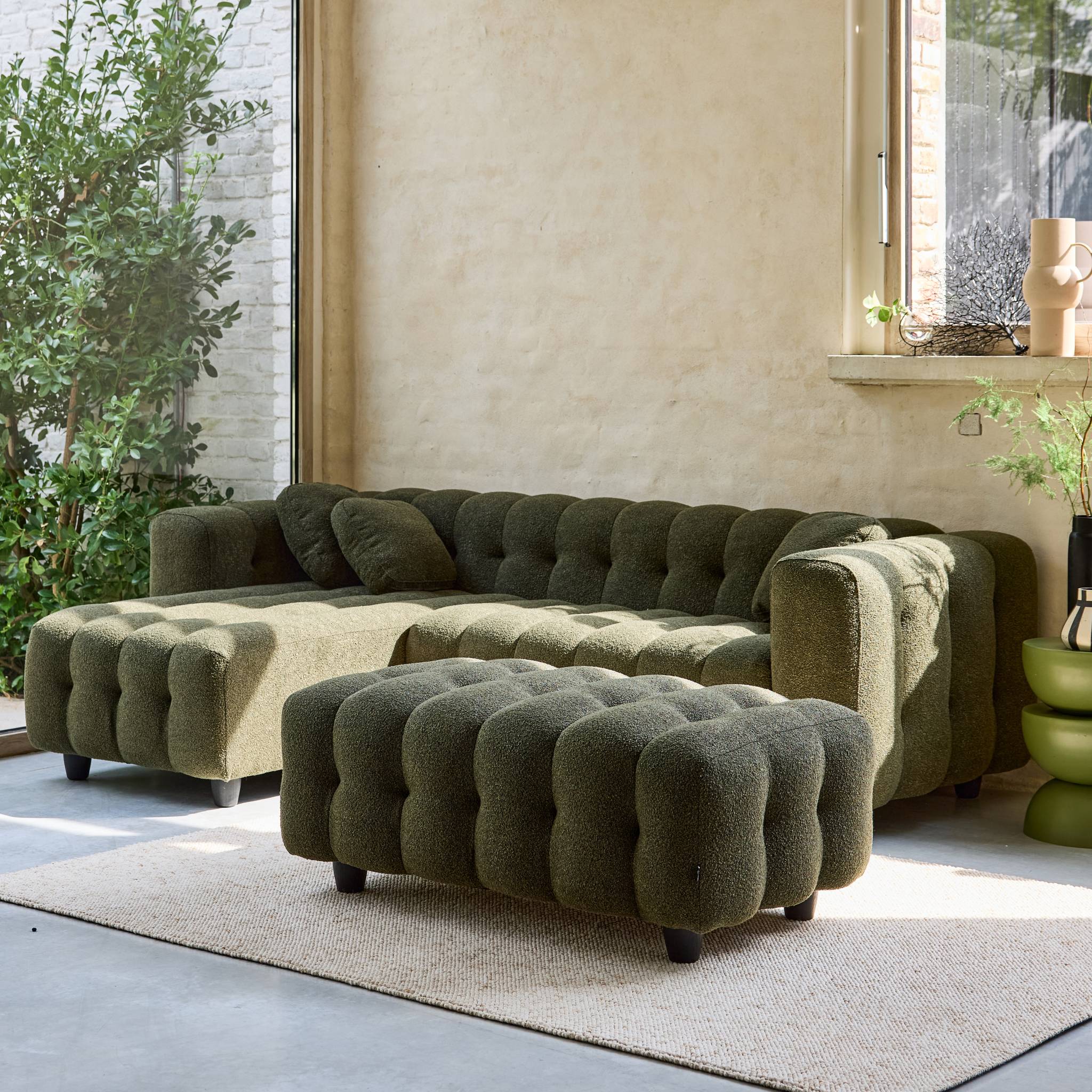 Pouf, repose-pieds pour canapé d'angle 3 places Leon bouclette texturée LEON