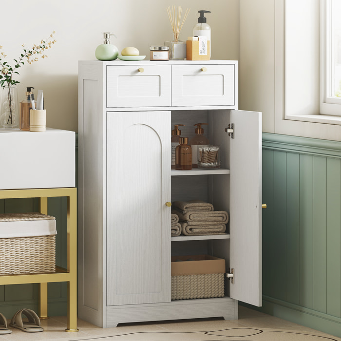 Armario de Baño Estrecho, Mueble Auxiliar de Baño, 60x30x108 cm, con 2 Cajones, Estante Abierto y Puerta con Panel Arqueado, Estilo Moderno, para Espacios Pequeños, Blanco Veteado