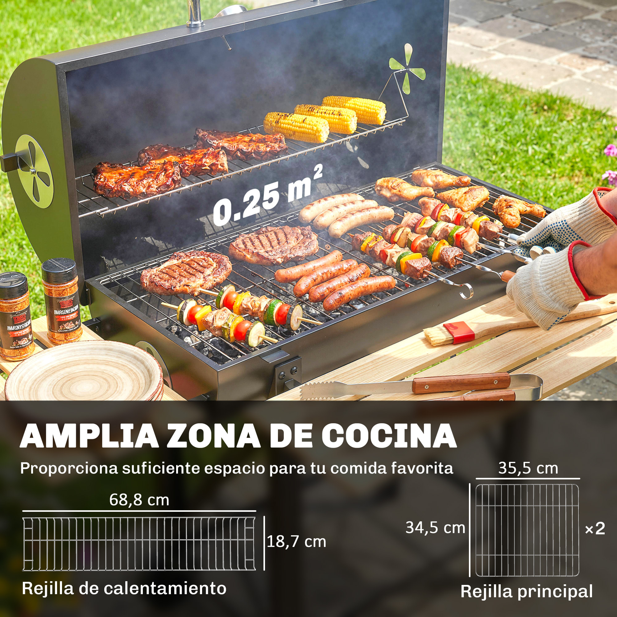 Barbacoa de Carbón Portátil, Barbacoa de Carbón Móvil con Estantes Plegables, Termómetro, Tapa, Ventilaciones Ajustables, Recoge Cenizas, Ruedas, Asa, 109x71x98 cm, Negro y Madera Natural