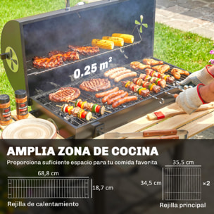 Barbacoa de Carbón Portátil, Barbacoa de Carbón Móvil con Estantes Plegables, Termómetro, Tapa, Ventilaciones Ajustables, Recoge Cenizas, Ruedas, Asa, 109x71x98 cm, Negro y Madera Natural