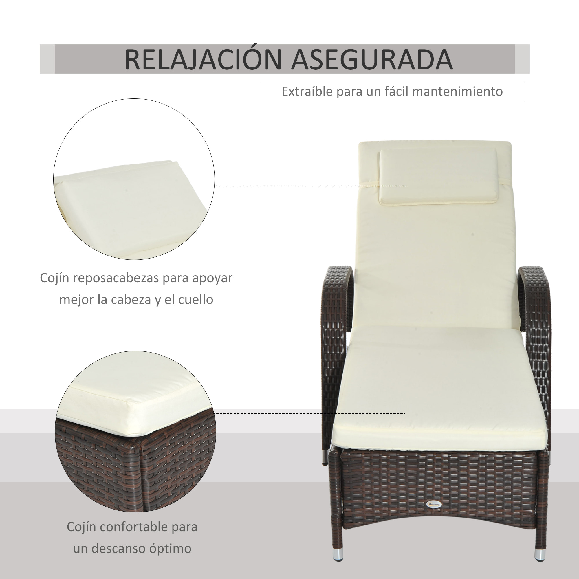 Tumbona de Ratán de Jardín Chaise Longue con Respaldo Ajustable en 5 Posiciones Cojines Acolchados Reposacabezas y 2 Ruedas 200x73x30-103 cm Crema y Marrón