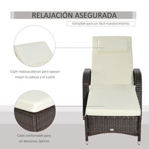 Tumbona de Ratán de Jardín Chaise Longue con Respaldo Ajustable en 5 Posiciones Cojines Acolchados Reposacabezas y 2 Ruedas 200x73x30-103 cm Crema y Marrón