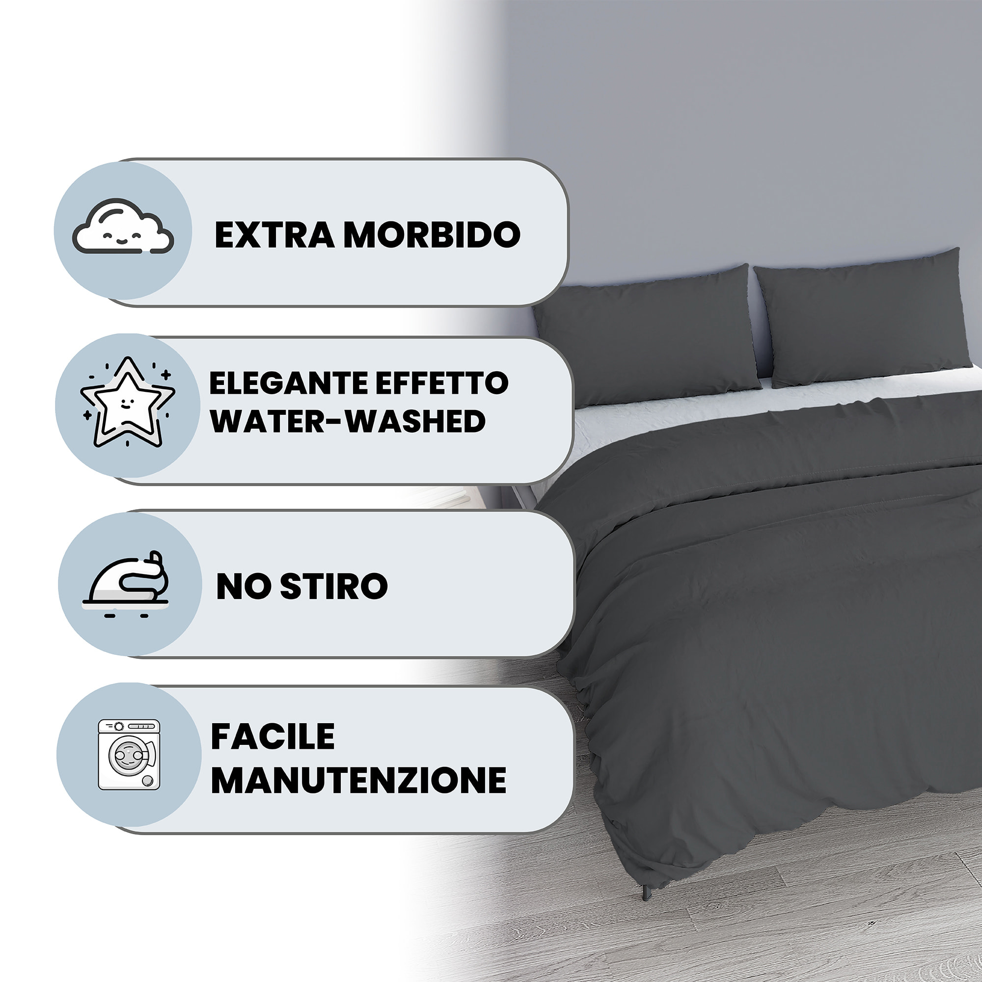 PARURE COPRIPIUMINO WATER WASHED, 100% Microfibra, No Stiro - GRIGIO SCURO