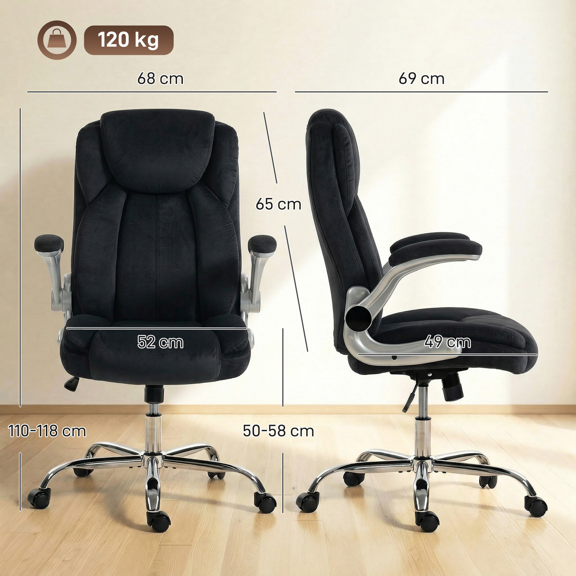 Silla de escritorio Ergonómica, Silla de Oficina con Respaldo Alto, Reposabrazos Abatibles, Asiento con Muelles, Altura Ajustable, Función Basculante, Tapizado en Terciopelo, Negro