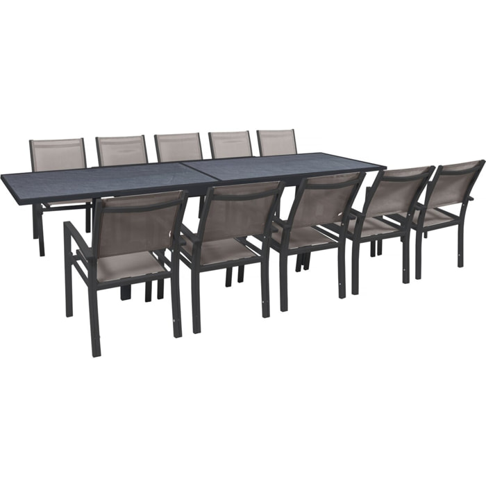Salon de jardin repas extensible "Lagos" - 200/320 x 105 x 76 cm - 10 chaises - Taupe