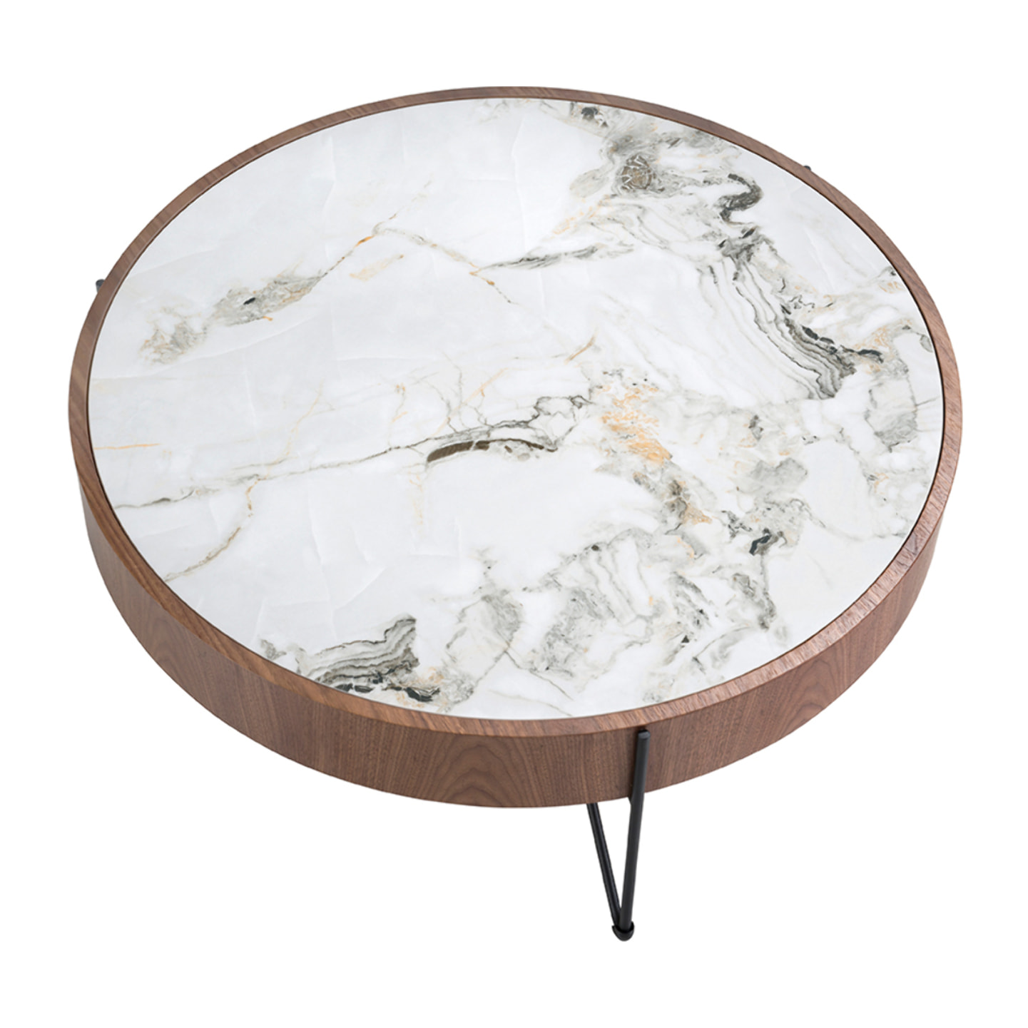 Mesa centro Angel Cerdá redonda en madera chapada en nogal natural y tapa de mármol porcelánico blanco con vetas en tonalidades grises y marrones en brillo 81x81x33cm