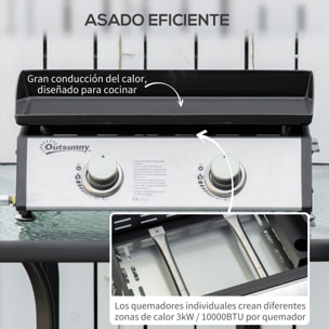 Plancha de Gas Sobremesa con 2 Quemadores de Acero Inoxidable 6kW Barbacoa Portátil con Plancha para Picnic Camping 48,5x48x21cm Negro Plata