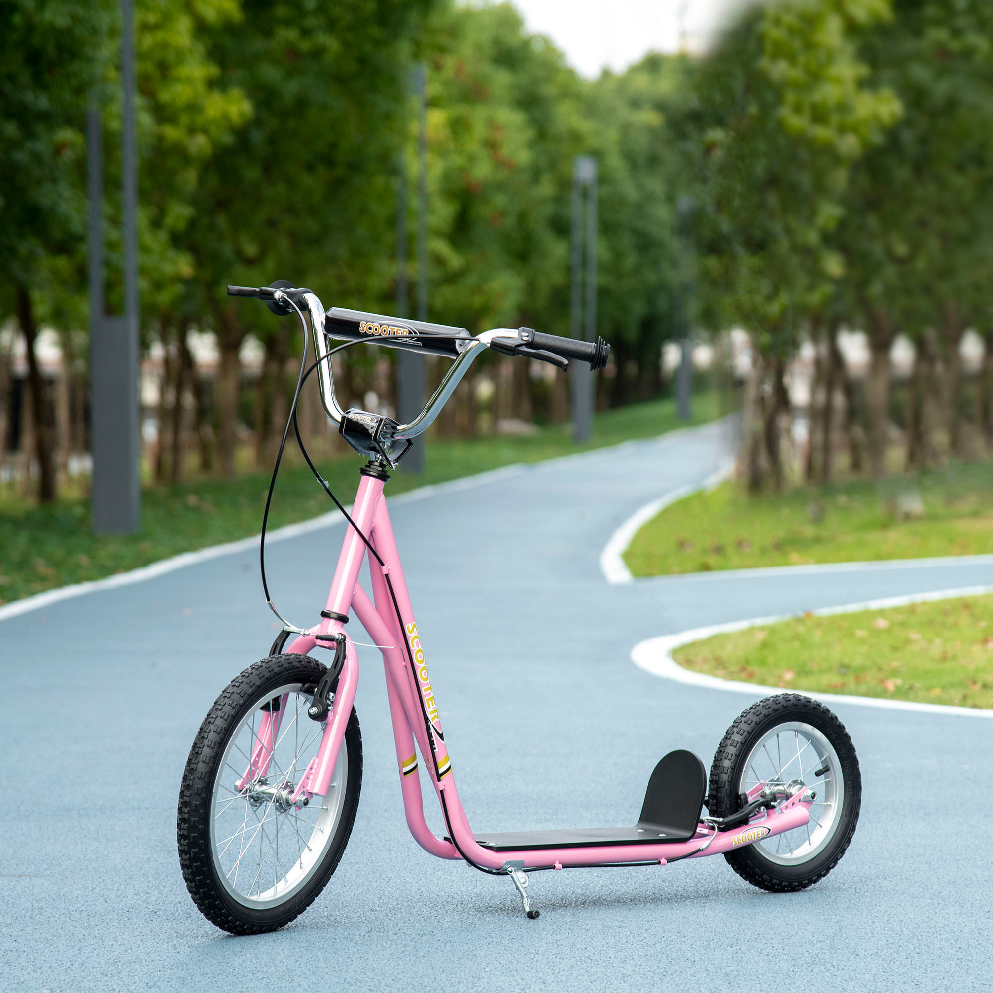 Trottinette patinette enfant à partir de 5 ans grands pneus guidon réglable poignées freins et béquille acier rose