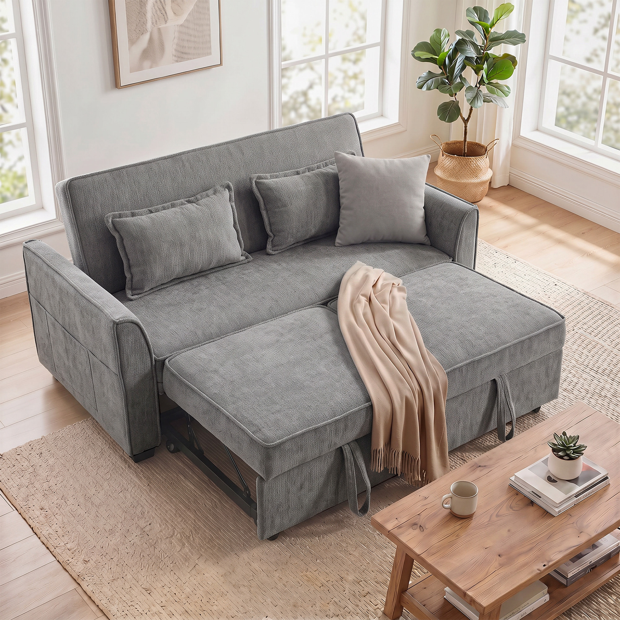 Sofá Cama 2 Plazas 4 en 1, Sofá Cama de Chenilla con 2 Módulos Extraíbles Independientes, Respaldo Ajustable 3 Niveles, 2 Cojines, 6 Bolsillos Laterales, Cama 142x186 cm, para Salón, Gris