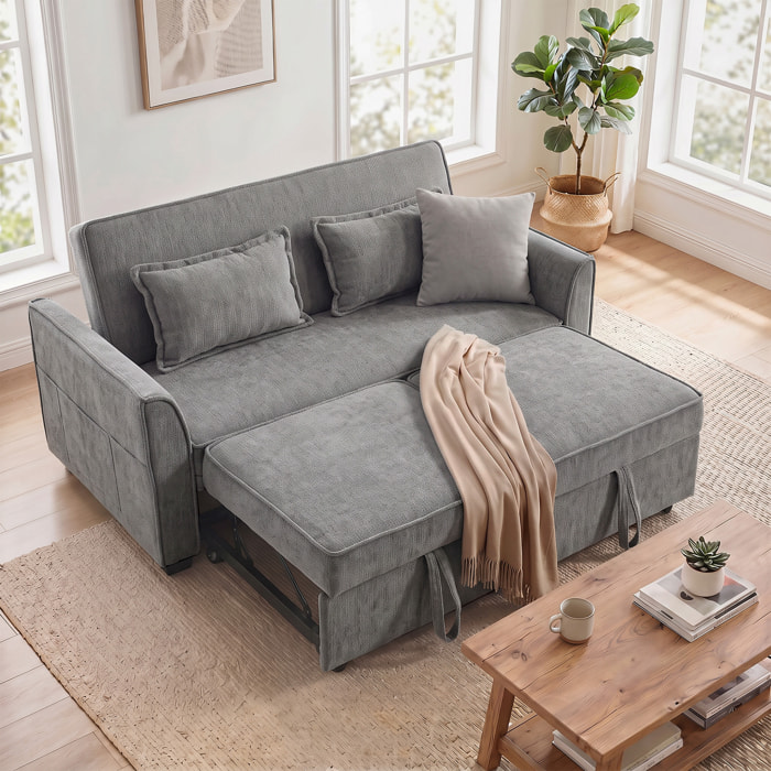 Sofá Cama 2 Plazas 4 en 1, Sofá Cama de Chenilla con 2 Módulos Extraíbles Independientes, Respaldo Ajustable 3 Niveles, 2 Cojines, 6 Bolsillos Laterales, Cama 142x186 cm, para Salón, Gris