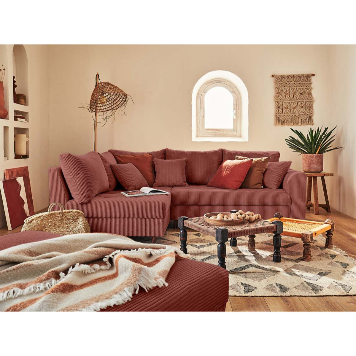 Rune - canapé d'angle gauche - 4 places - avec pouf d'appoint - en velours côtelé - Terracotta