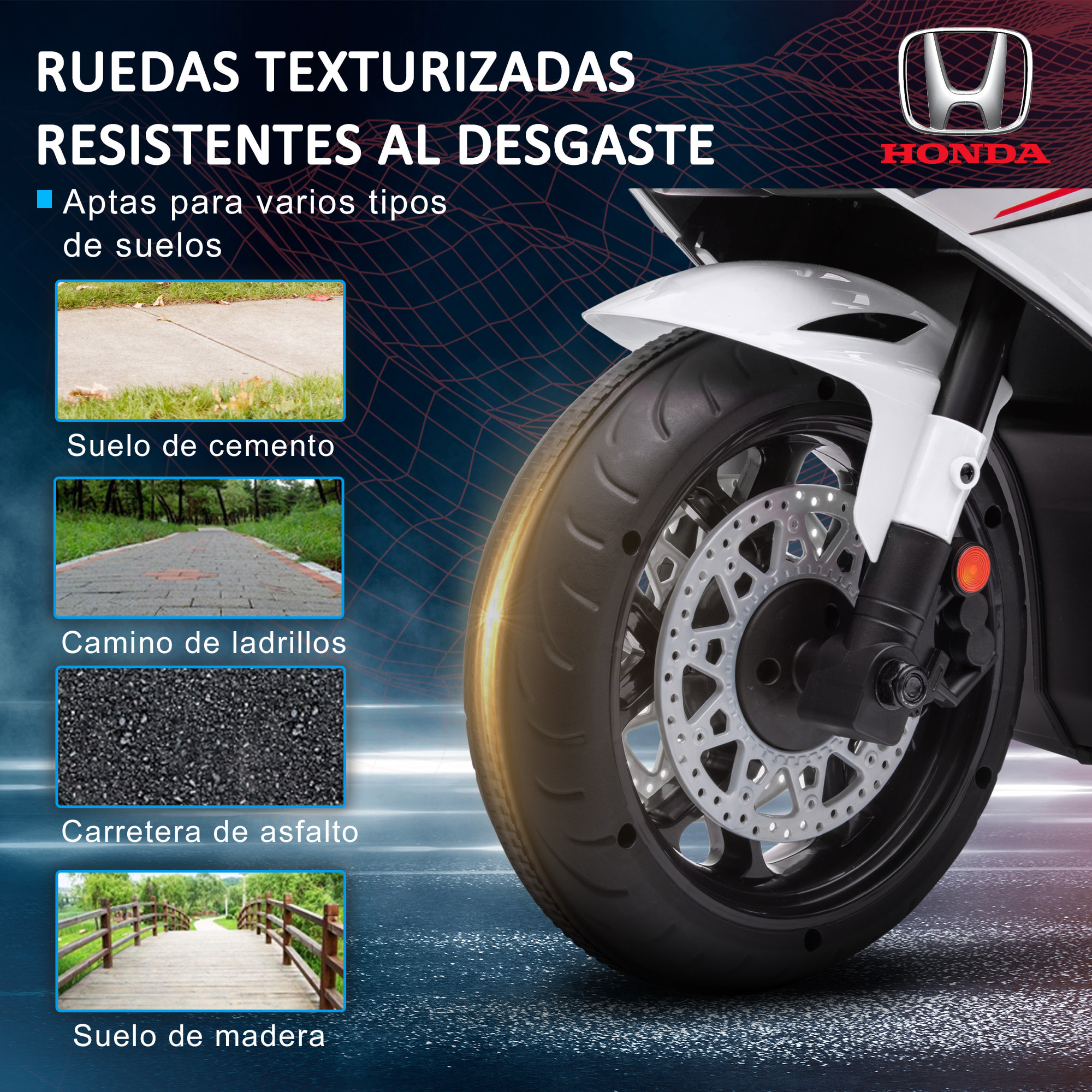 Moto Eléctrica con Licencia HONDA para Niños de 3-5 Años Moto a Batería 6V con Faro Bocina Música y Ruedas Auxiliares Extraíbles Carga 30 kg 90x44x52 cm Blanco