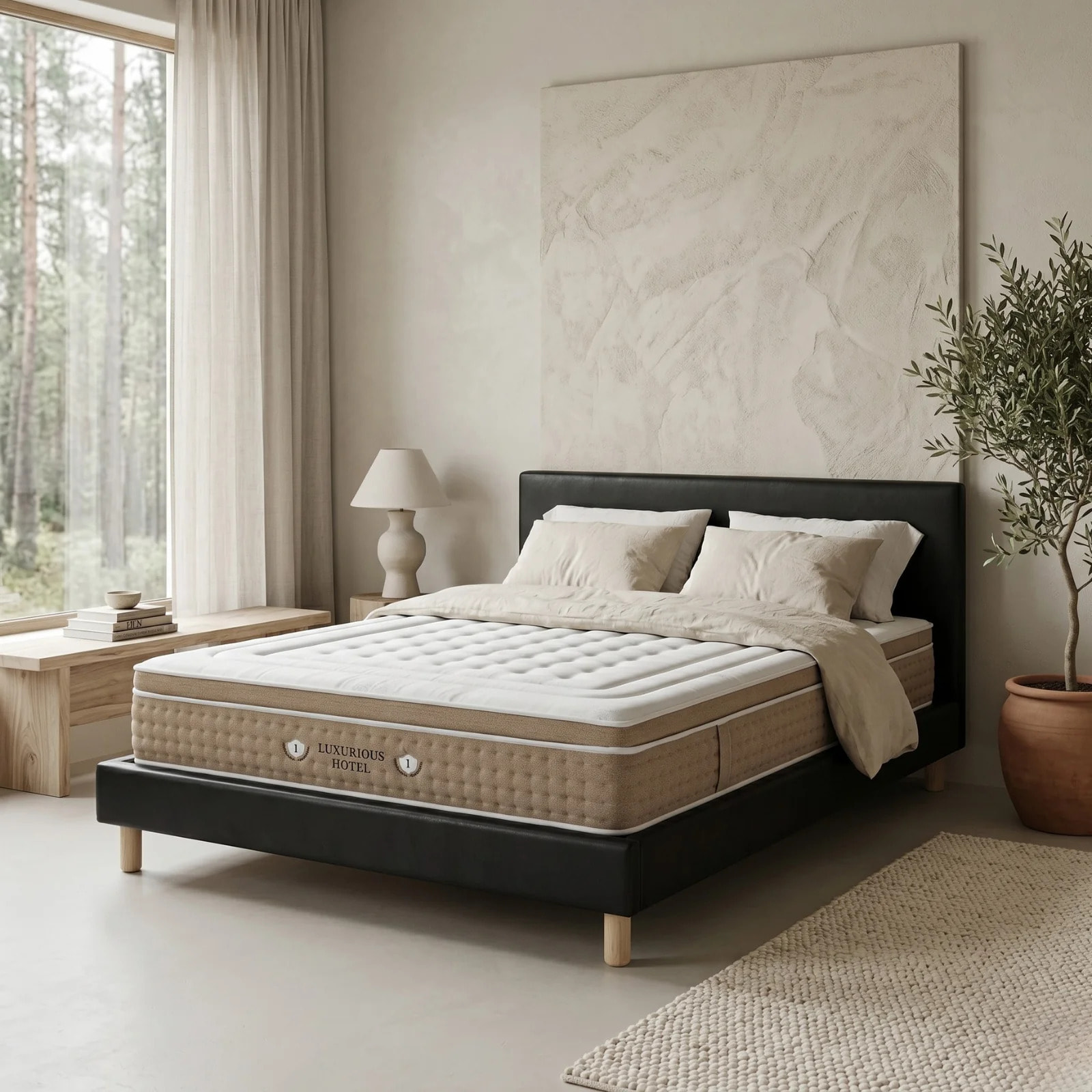 Ensemble matelas Bali & lit fixe Colisée | Mémoire de forme et ressorts ensachés | cadre à lattes | Tissu | Gris clair