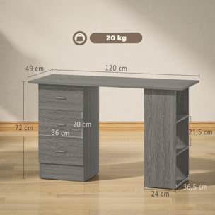 Bureau informatique table multi-fonctions 3 tiroirs 2 étagères dim. 120L x 49l x 72H cm MDF aspect bois gris