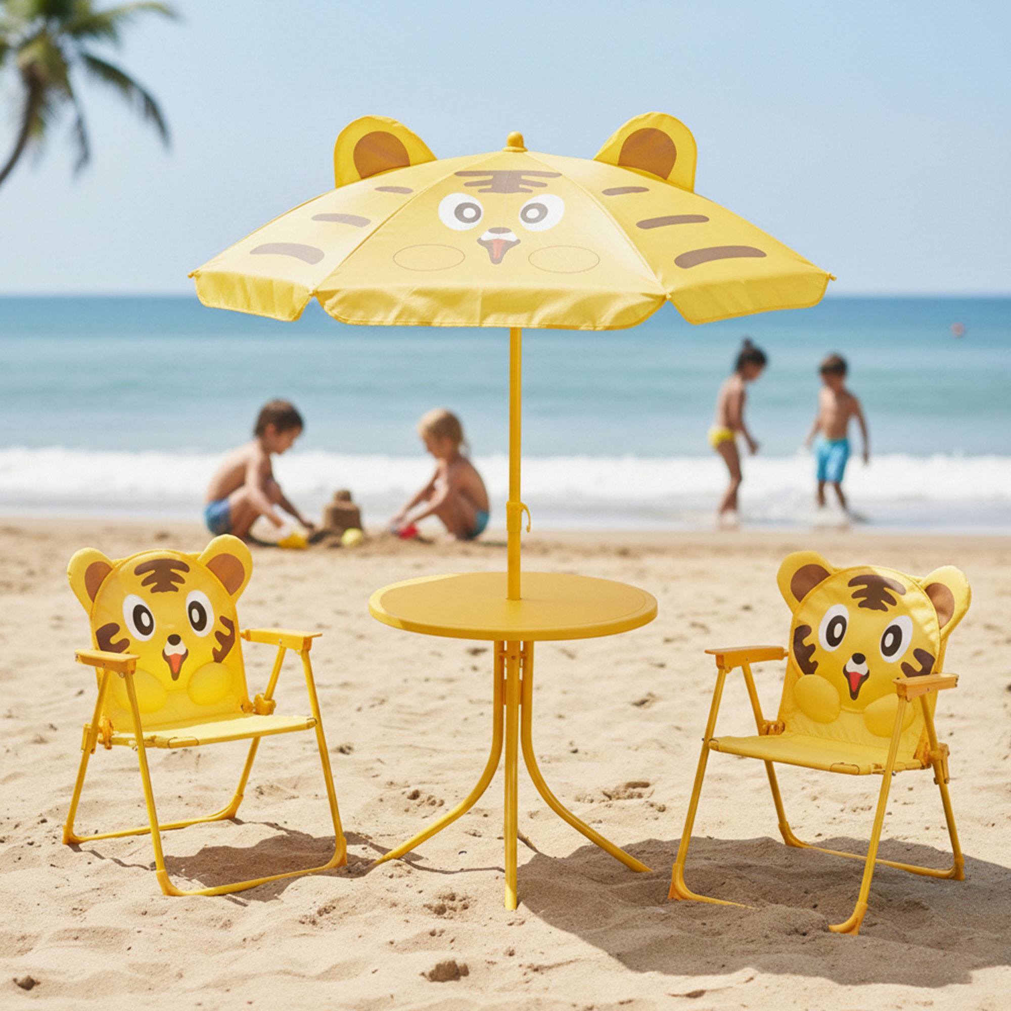 Well Home Conjunto jardín niños 4 piezas (mesa + 2 sillas + paraguas) diseño Tigre, plegable y ligero