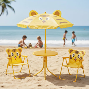 Well Home Conjunto jardín niños 4 piezas (mesa + 2 sillas + paraguas) diseño Tigre, plegable y ligero