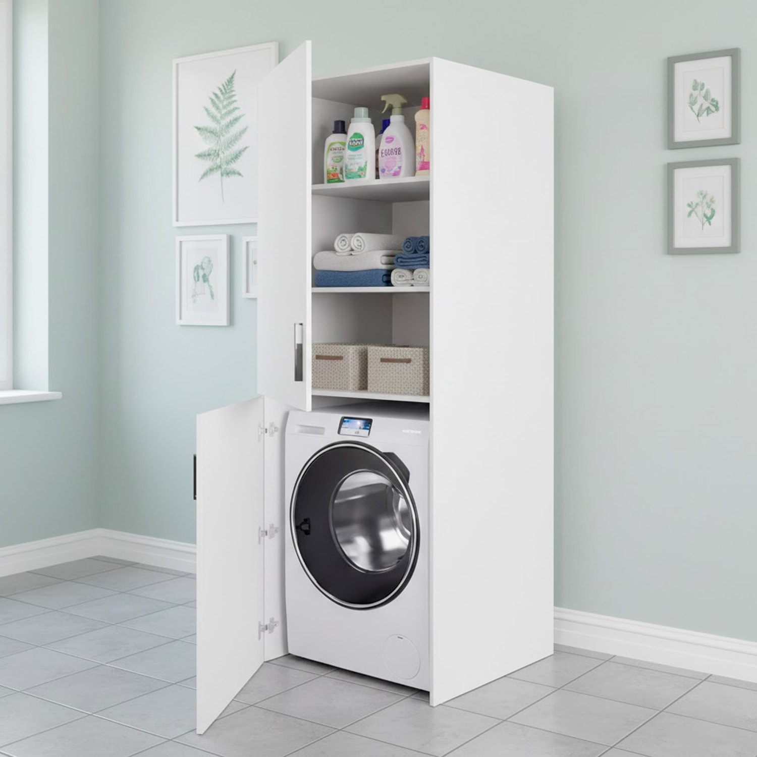 Mobile Lavatrice Asciugatrice Con 2 Ante E Ripiani Mobiletto Lavanderia Bagno Armadietto Verticale Salvaspazio Vano Incasso  70 × 70 × 180 Cm Bianco