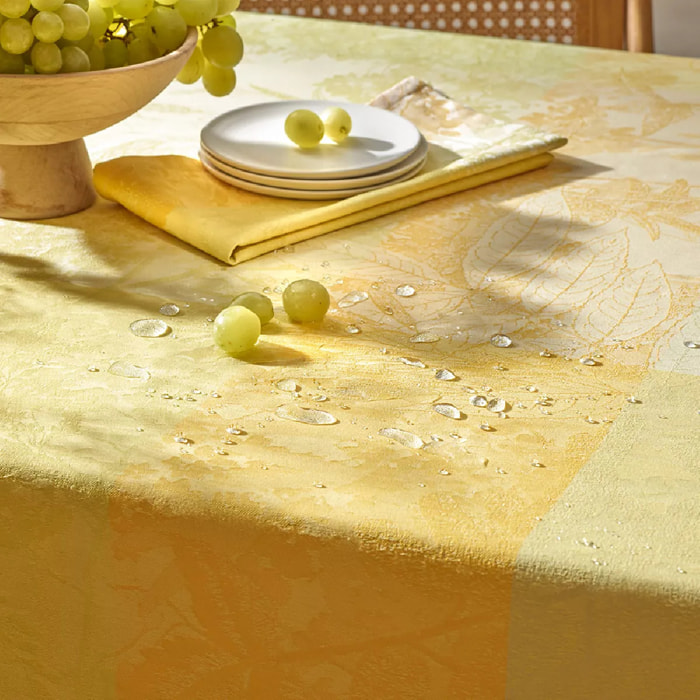 Nappe pur coton enduit motif jacquard jaune Mille esprit jardin solaire