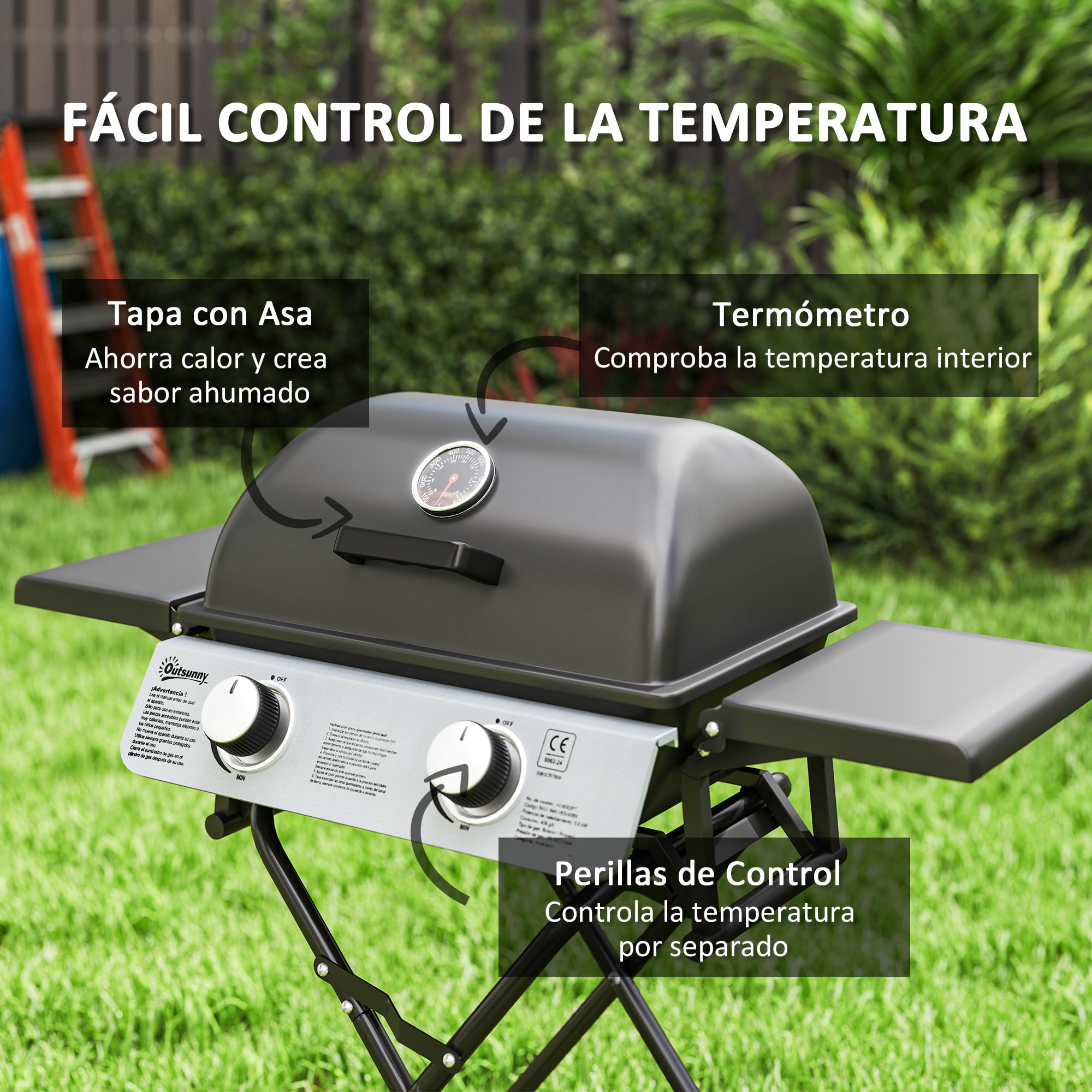 Barbacoa de Gas con 2 Quemadores de Acero Inoxidable 2,8 KW Barbacoa Portátil con Mesas Laterales Plegables Bandeja Extraíble Termómetro y 2 Ruedas para Pícnic Camping 101x50x102 cm Negro