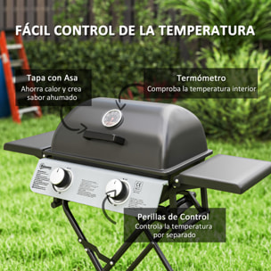 Barbacoa de Gas con 2 Quemadores de Acero Inoxidable 2,8 KW Barbacoa Portátil con Mesas Laterales Plegables Bandeja Extraíble Termómetro y 2 Ruedas para Pícnic Camping 101x50x102 cm Negro