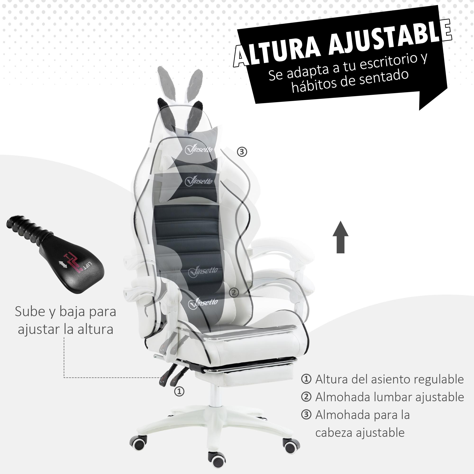 Silla Gaming Profesional Silla Gamer Racing Giratoria de Cuero PU con Altura Ajustable Inclinable 135° Reposacabezas y Reposapiés para Oficina Estudio 65x63x136-142 cm Negro y Blanco