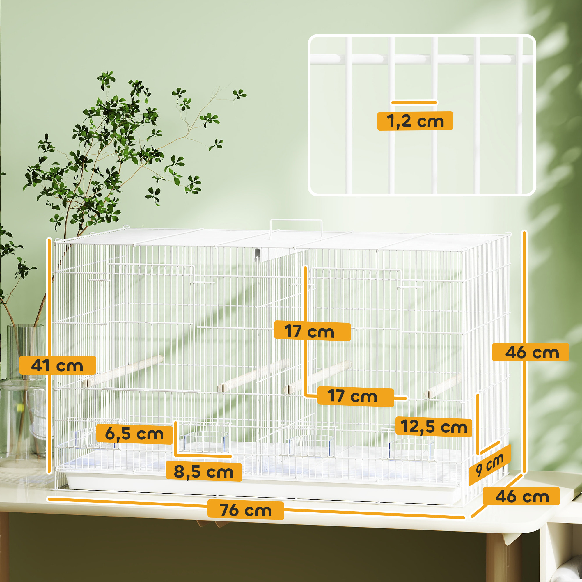 Cage à oiseaux volière acier avec séparateur - 4 perchoirs, mangeoires, portes, trappes, plateau déjection - blanc