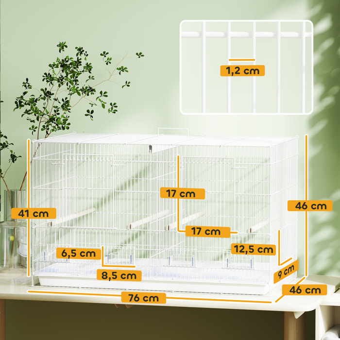 Cage à oiseaux volière acier avec séparateur - 4 perchoirs, mangeoires, portes, trappes, plateau déjection - blanc