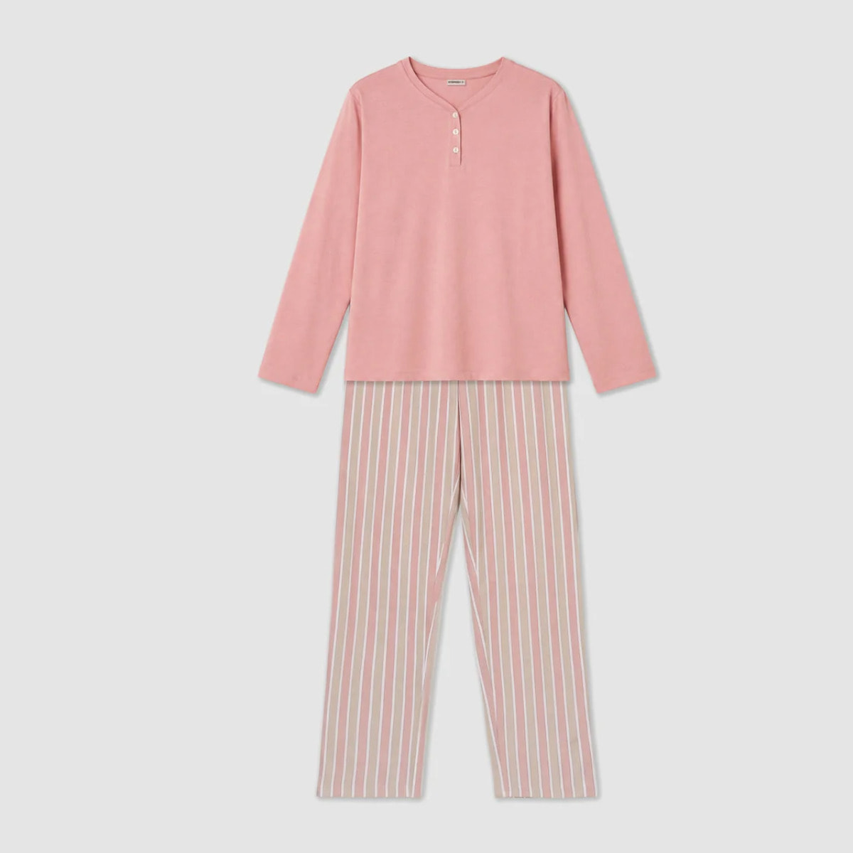 Pigiama lungo in cotone a righe con scollo a V ondea rosa