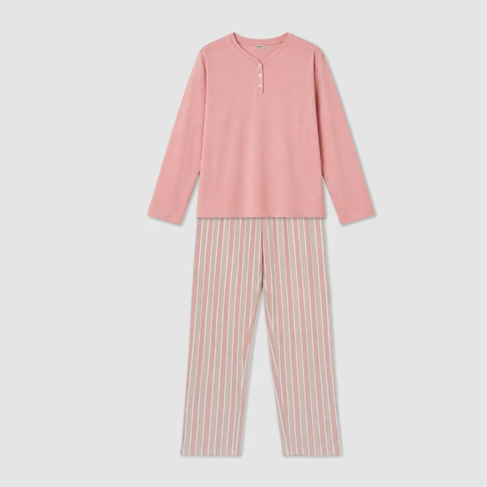 Pigiama lungo in cotone a righe con scollo a V ondea rosa