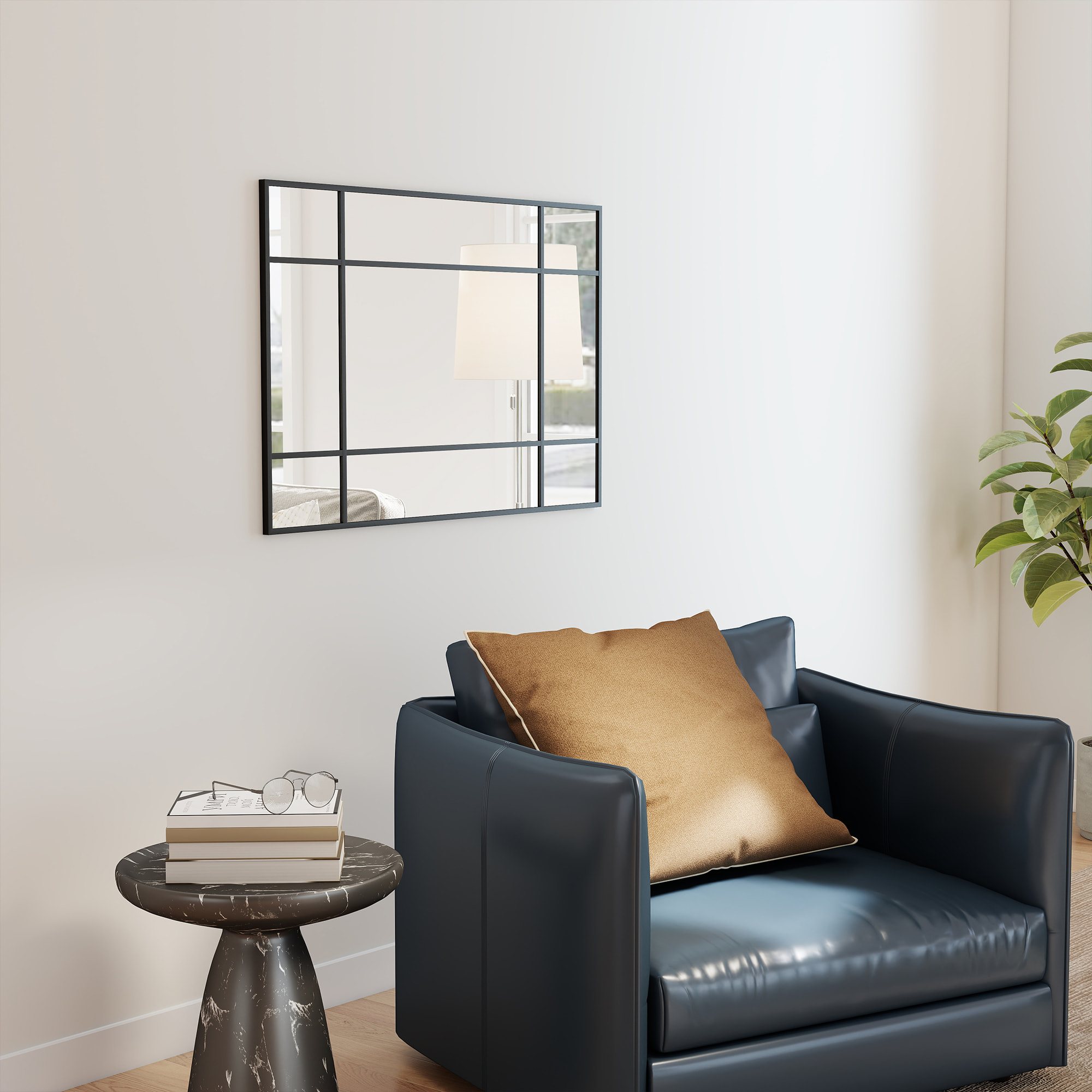 Miroir mural verrière rectangulaire - installation horizontal ou vertical - 4 crochets - 90 x 60 cm - métal noir