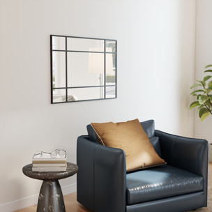 Miroir mural verrière rectangulaire - installation horizontal ou vertical - 4 crochets - 90 x 60 cm - métal noir
