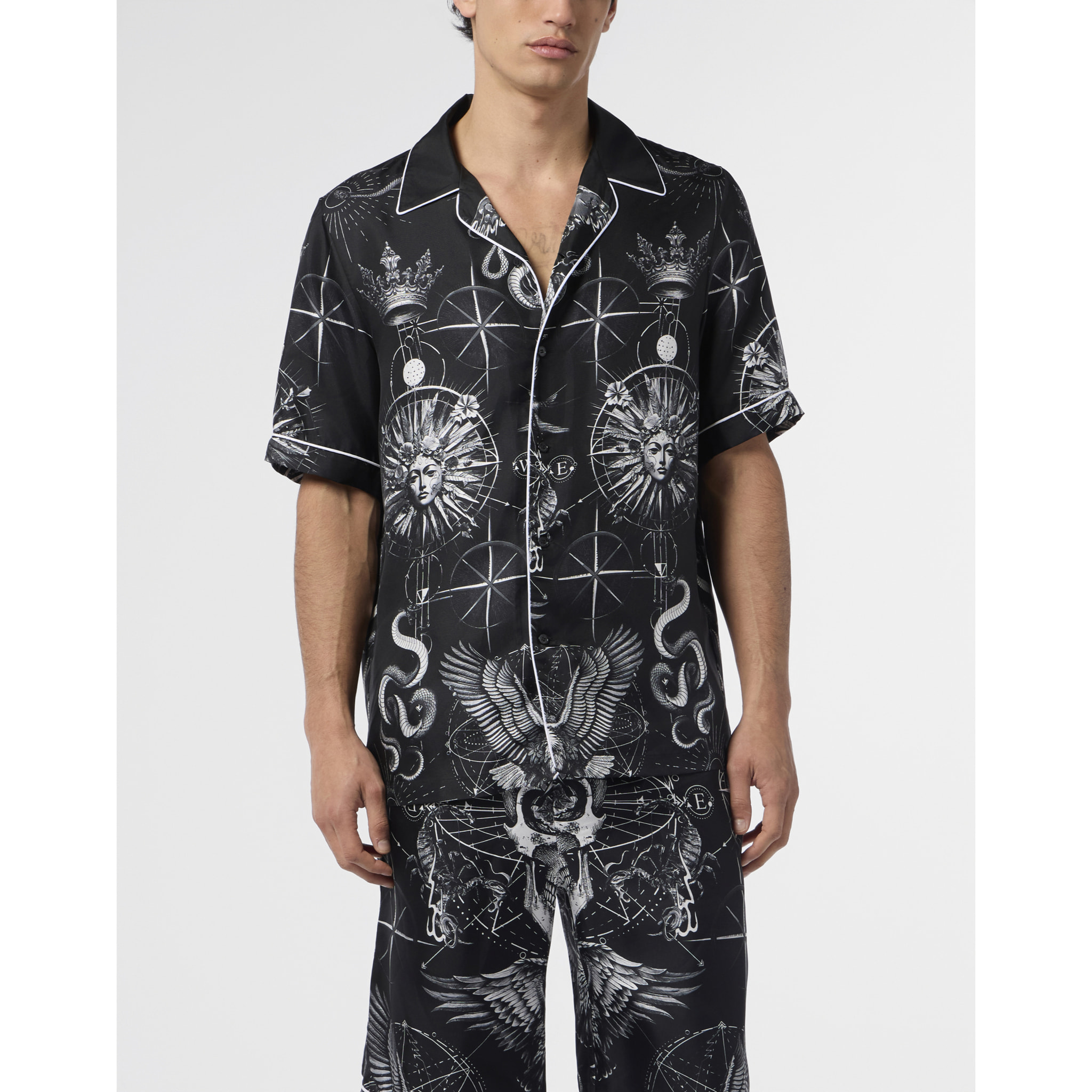 PHILIPP PLEIN Silk Bowling Shirt All-Over Tattoo