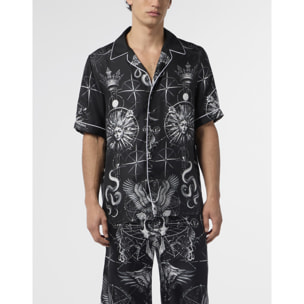 PHILIPP PLEIN Silk Bowling Shirt All-Over Tattoo