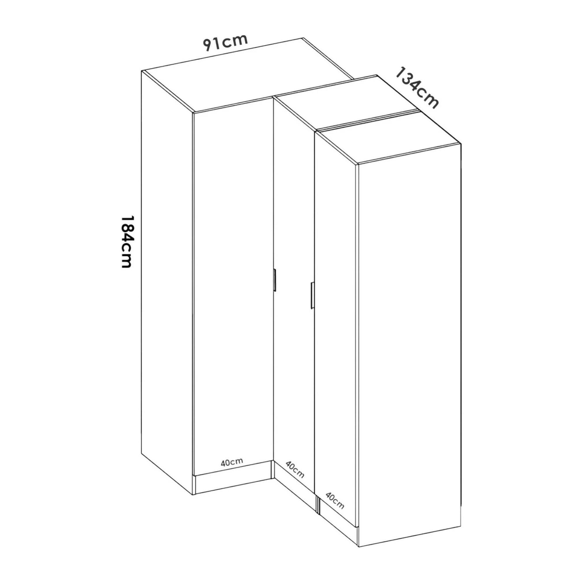 Guardaroba Meru, Mobile angolare per camera da letto, Armadio appendiabiti ad angolo a 3 ante battenti, 133x91h184 cm, Bianco