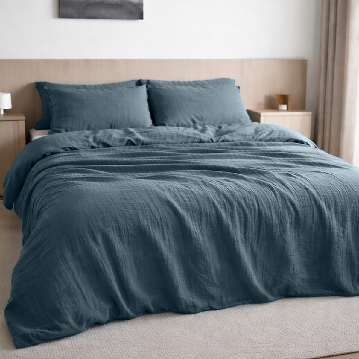 Drap housse bonnet:30cm 100% gaze de coton lavé bleu pétrole