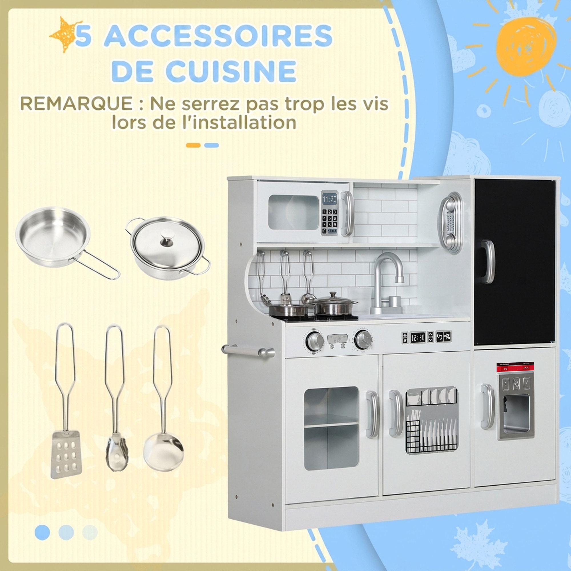 Cuisine enfant - jouet d'imitation cuisine multi-équipée - 5 accessoires acier inox - blanc
