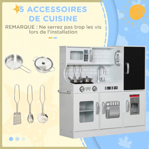 Cuisine enfant - jouet d'imitation cuisine multi-équipée - 5 accessoires acier inox - blanc