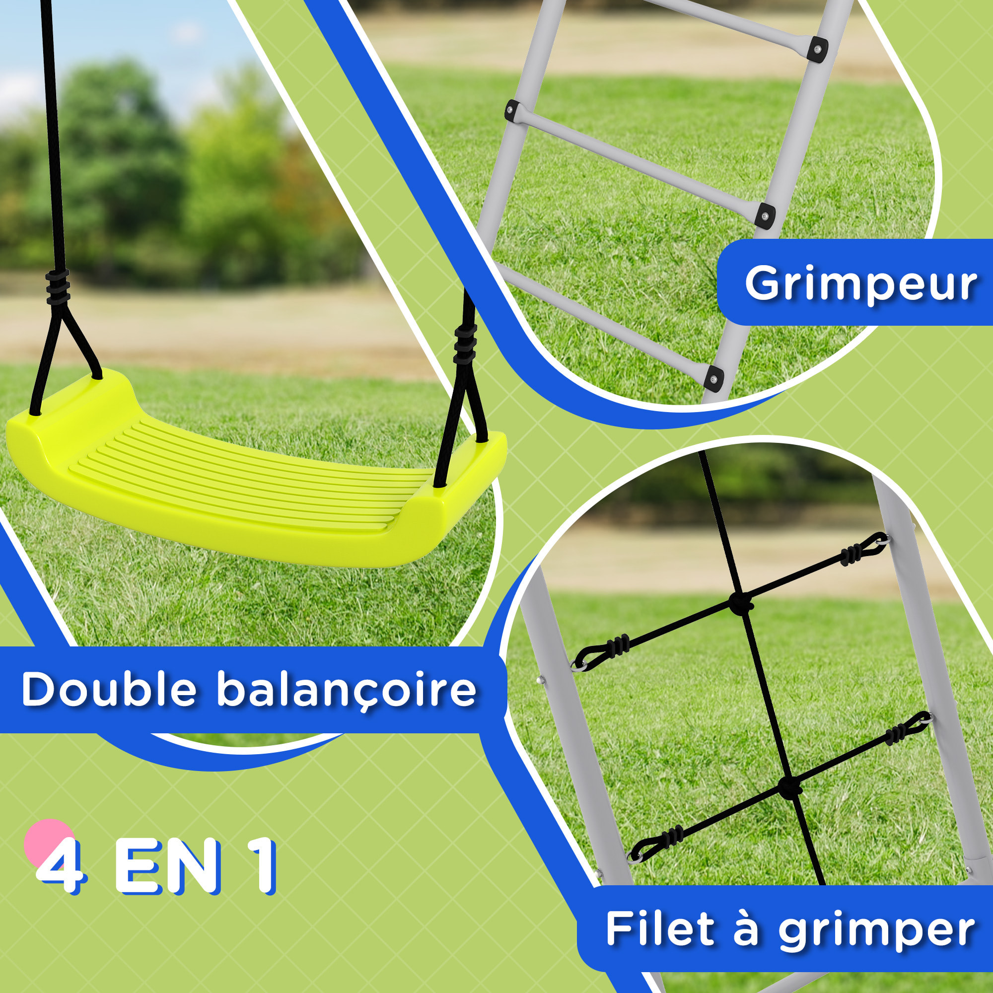Balançoire portique 4 agrès - 2 balançoires, 2 échelles - dim. 2,6L x 1,85l x 1,8H m - métal époxy PE gris vert
