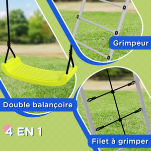 Balançoire portique 4 agrès - 2 balançoires, 2 échelles - dim. 2,6L x 1,85l x 1,8H m - métal époxy PE gris vert
