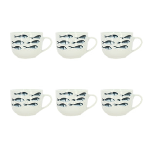 Lot de 6 jumbos 48cl en grès porcelaine blanc et motif poisson PESCARE