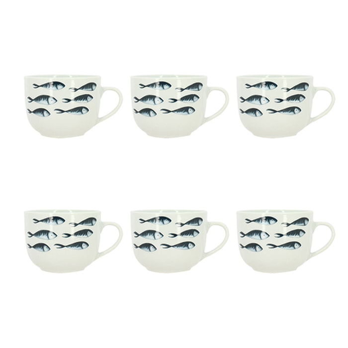 Lot de 6 jumbos 48cl en grès porcelaine blanc et motif poisson PESCARE