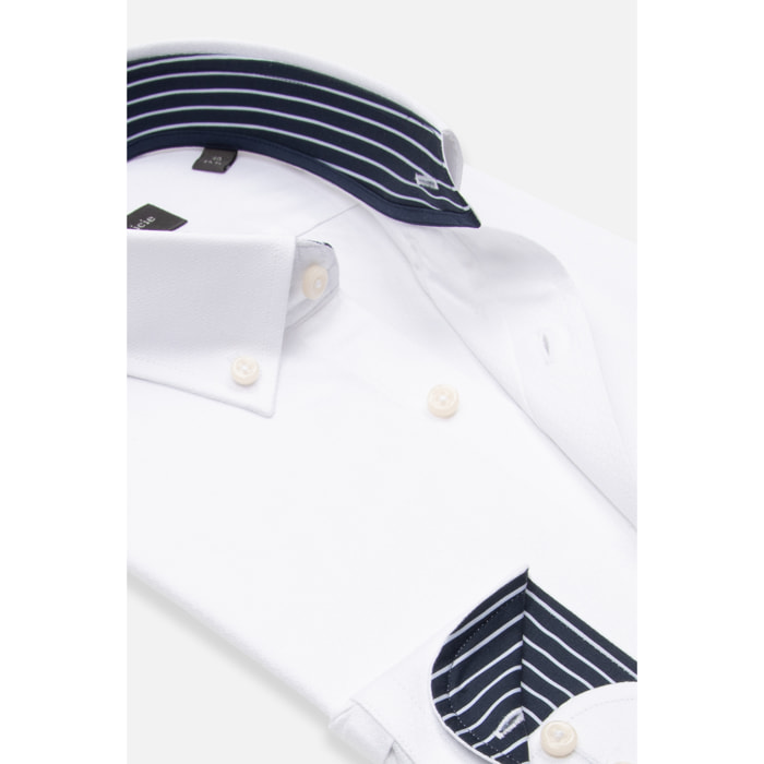 camicia uomo 1 bottone button down slim Jacquard Fantasia Bianco e Bianco