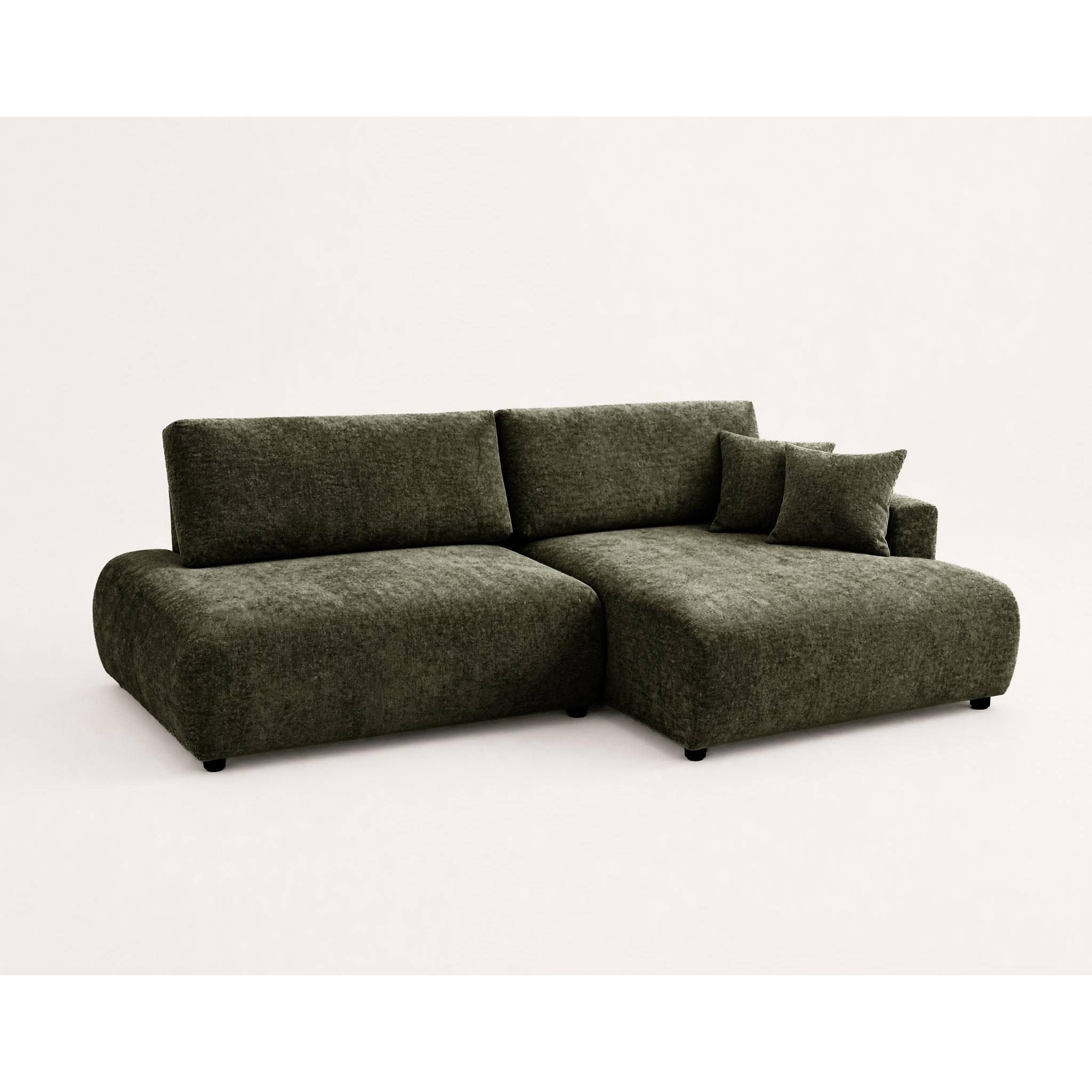 Pivoine - Canapé d'angle ouvert droit 4 places convertible avec coffre en tissu texturé - Vert Kaki