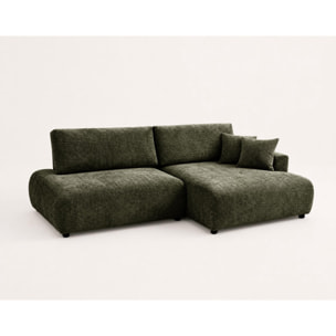 Pivoine - Canapé d'angle ouvert droit 4 places convertible avec coffre en tissu texturé - Vert Kaki