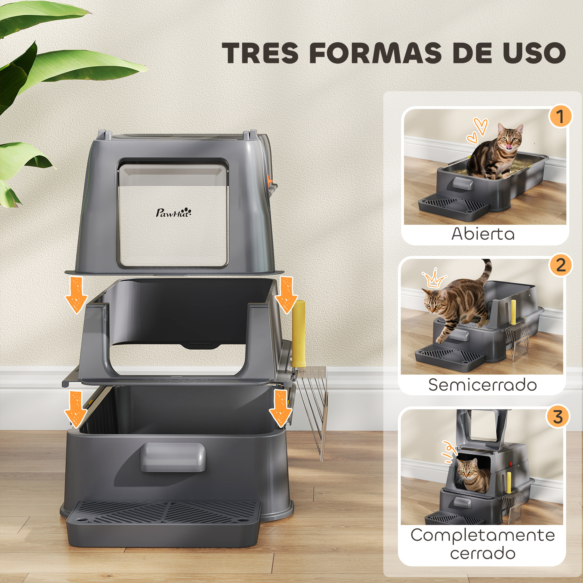 Arenero para Gatos de Acero Inoxidable XL, Caja de Arena para Gatos, Arenero con Tapa Abatible 180°, Laterales Altos, Pedal, Pala, sin Olores, Fácil de Limpiar, Antifugas, Gris Oscuro