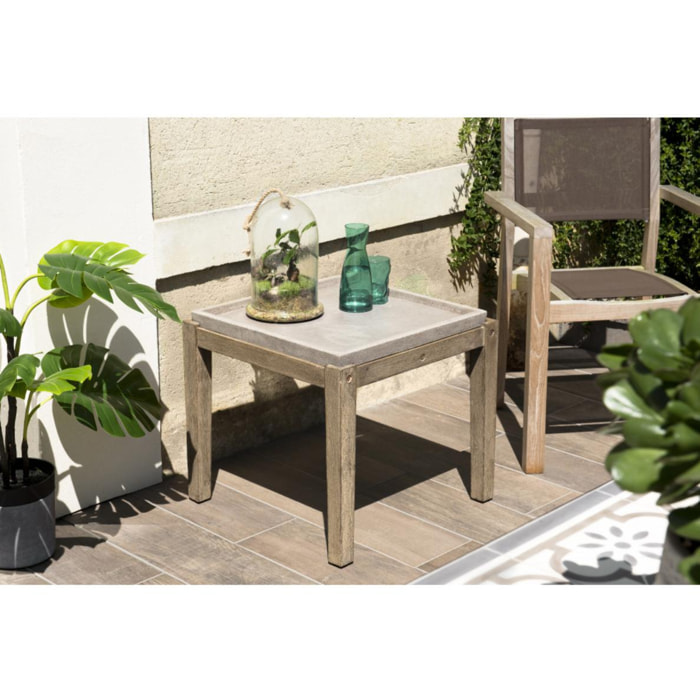 HANS - Table d'appoint de jardin carrée béton 53x53 cm et pieds en bois Acacia
